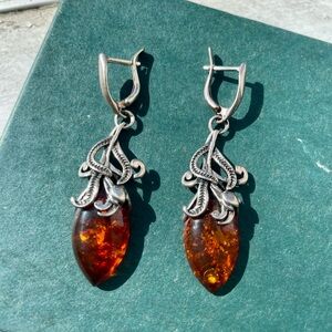 Elegant Silver and Amber Drop Earrings